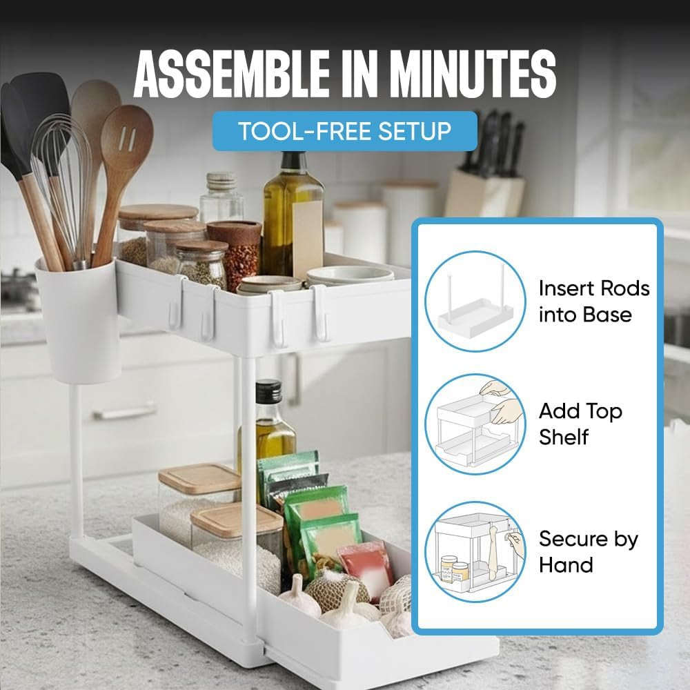 Undersink Organizer, 2-Tier under Sink Storage Rack with Sliding Drawers for Kitchen Bathroom Cabinets, Pull Out Organizer for Pantry, Laundry Room & Closet Organization - 1 Pack, White