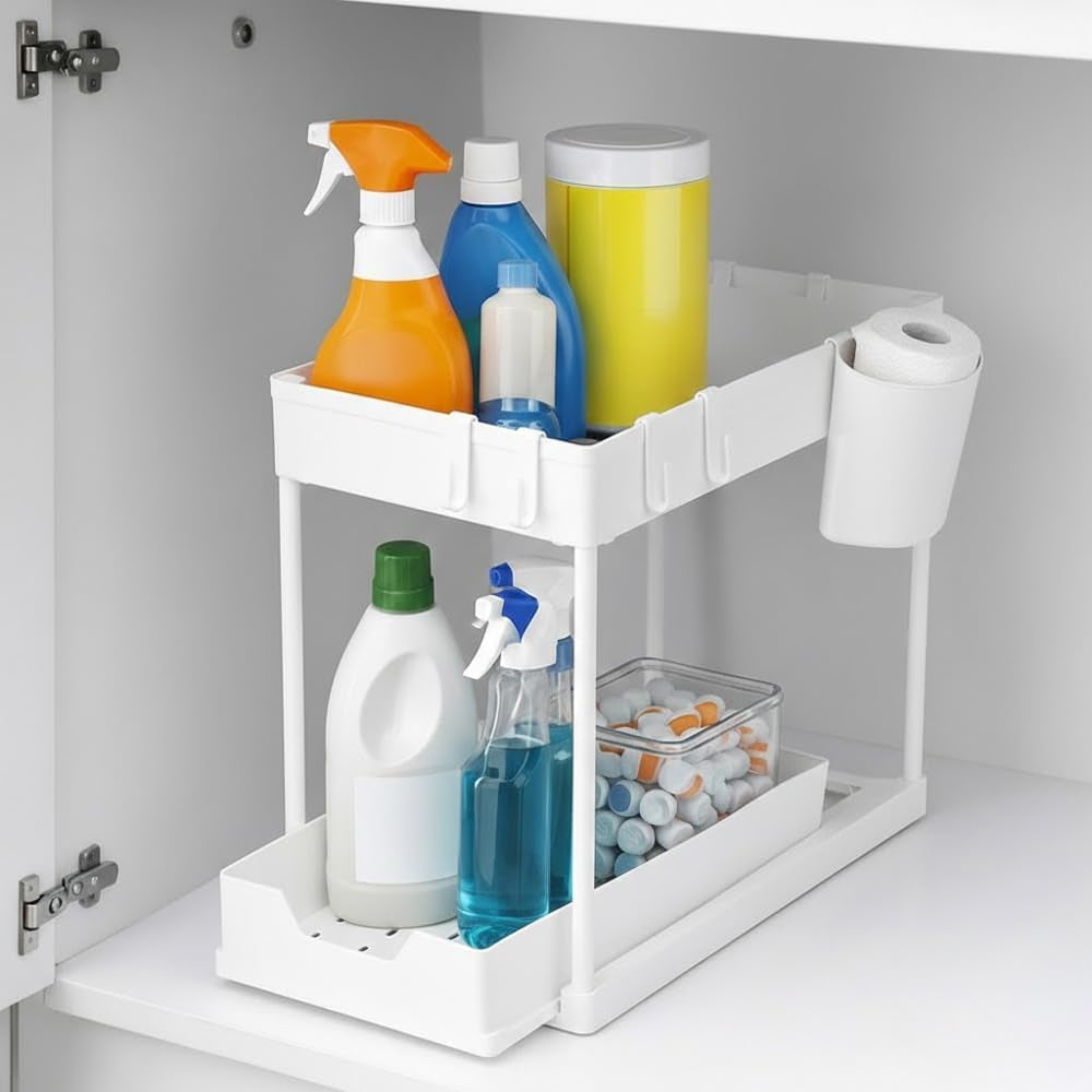 Undersink Organizer, 2-Tier under Sink Storage Rack with Sliding Drawers for Kitchen Bathroom Cabinets, Pull Out Organizer for Pantry, Laundry Room & Closet Organization - 1 Pack, White