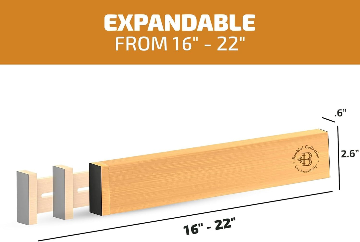 6-Pack Drawer Dividers - 2.6 Inches High, Adjustable 16 to 22 Inches Bamboo Drawer Organizer, Large Expandable Separator for Clothes, Dresser, Bedroom, Bathroom, Baby, Office, Kitchen Utensil Storage