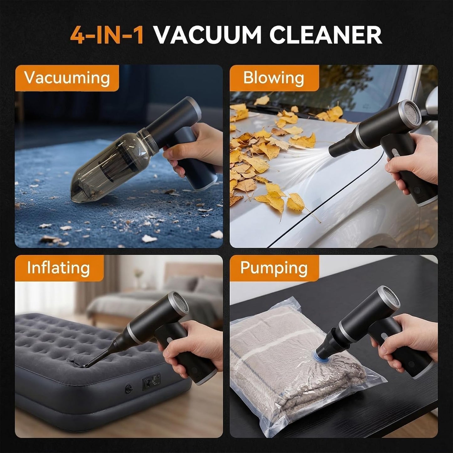 Compressed Air Duster & Vacuum Cleaner 4-In-1, 150,000RPM Powerful Electric Air Duster, Cordless Rechargeable with Adjustable Speed Handheld Air Blower for Keyboard, Car, Office, Home Electronics