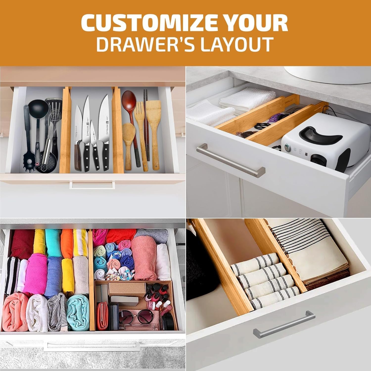 6-Pack Drawer Dividers - 2.6 Inches High, Adjustable 16 to 22 Inches Bamboo Drawer Organizer, Large Expandable Separator for Clothes, Dresser, Bedroom, Bathroom, Baby, Office, Kitchen Utensil Storage