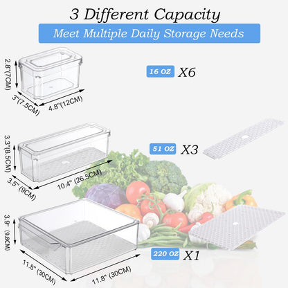 10-Pack Clear Fridge Organizer Bins with Lids, Stackable Refrigerator Storage Containers, Bpa-Free with Drain Tray & Anti-Slip Base for Fruits, Veggies, Drinks
