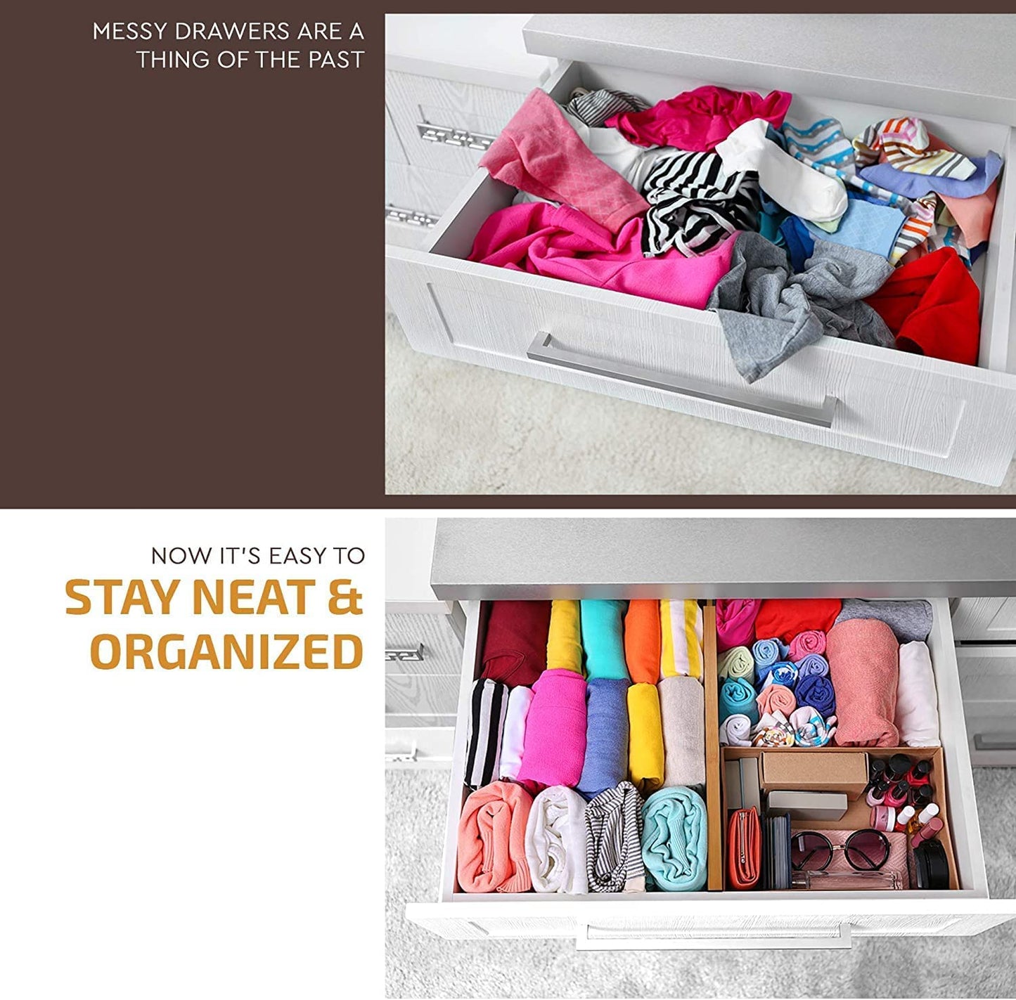 6-Pack Drawer Dividers - 2.6 Inches High, Adjustable 16 to 22 Inches Bamboo Drawer Organizer, Large Expandable Separator for Clothes, Dresser, Bedroom, Bathroom, Baby, Office, Kitchen Utensil Storage