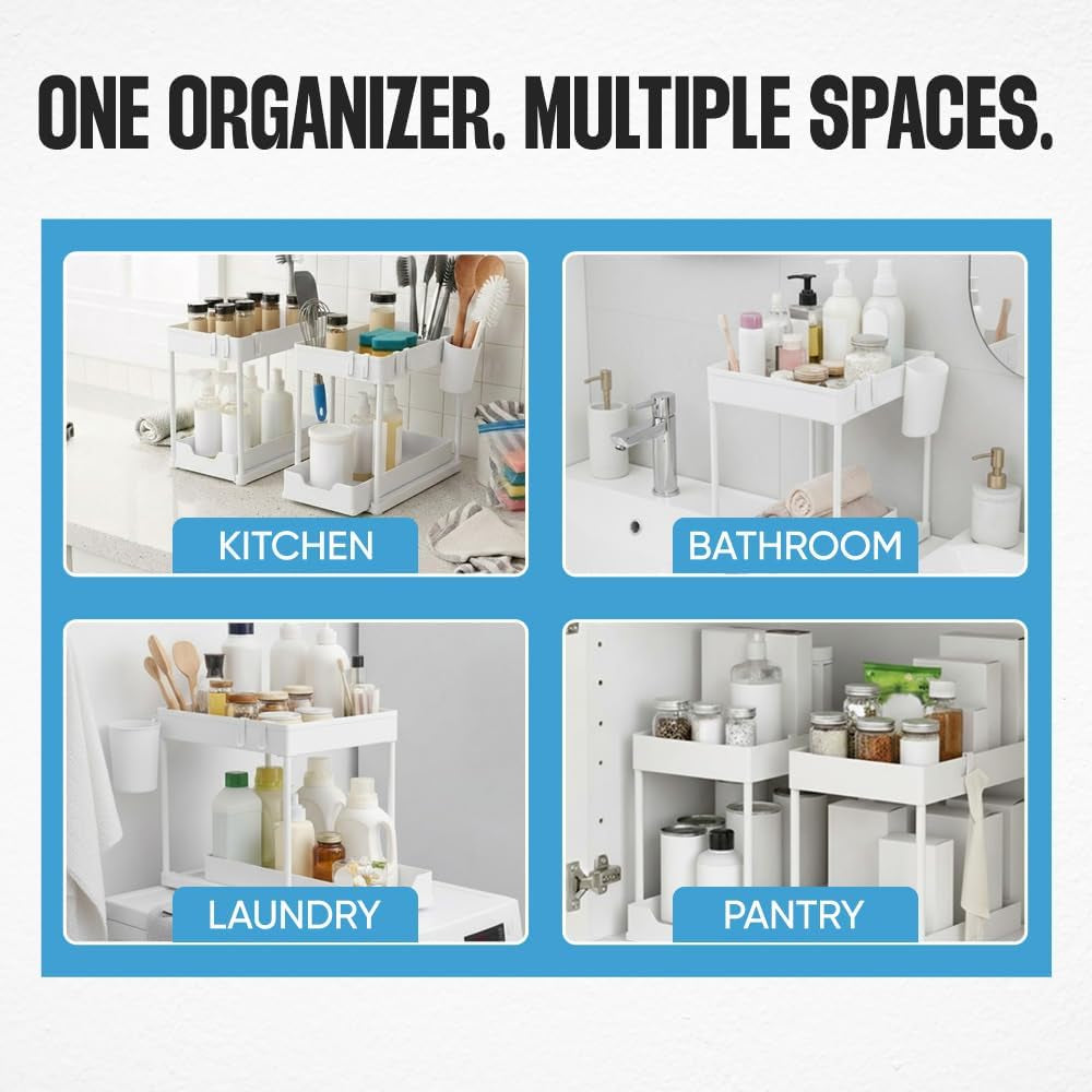 Undersink Organizer, 2-Tier under Sink Storage Rack with Sliding Drawers for Kitchen Bathroom Cabinets, Pull Out Organizer for Pantry, Laundry Room & Closet Organization - 1 Pack, White