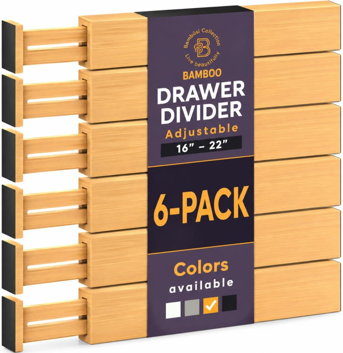 6-Pack Drawer Dividers - 2.6 Inches High, Adjustable 16 to 22 Inches Bamboo Drawer Organizer, Large Expandable Separator for Clothes, Dresser, Bedroom, Bathroom, Baby, Office, Kitchen Utensil Storage