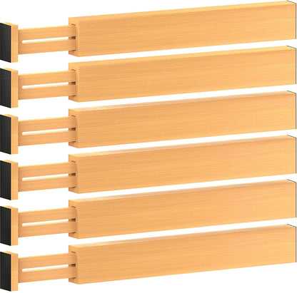 6-Pack Drawer Dividers - 2.6 Inches High, Adjustable 16 to 22 Inches Bamboo Drawer Organizer, Large Expandable Separator for Clothes, Dresser, Bedroom, Bathroom, Baby, Office, Kitchen Utensil Storage
