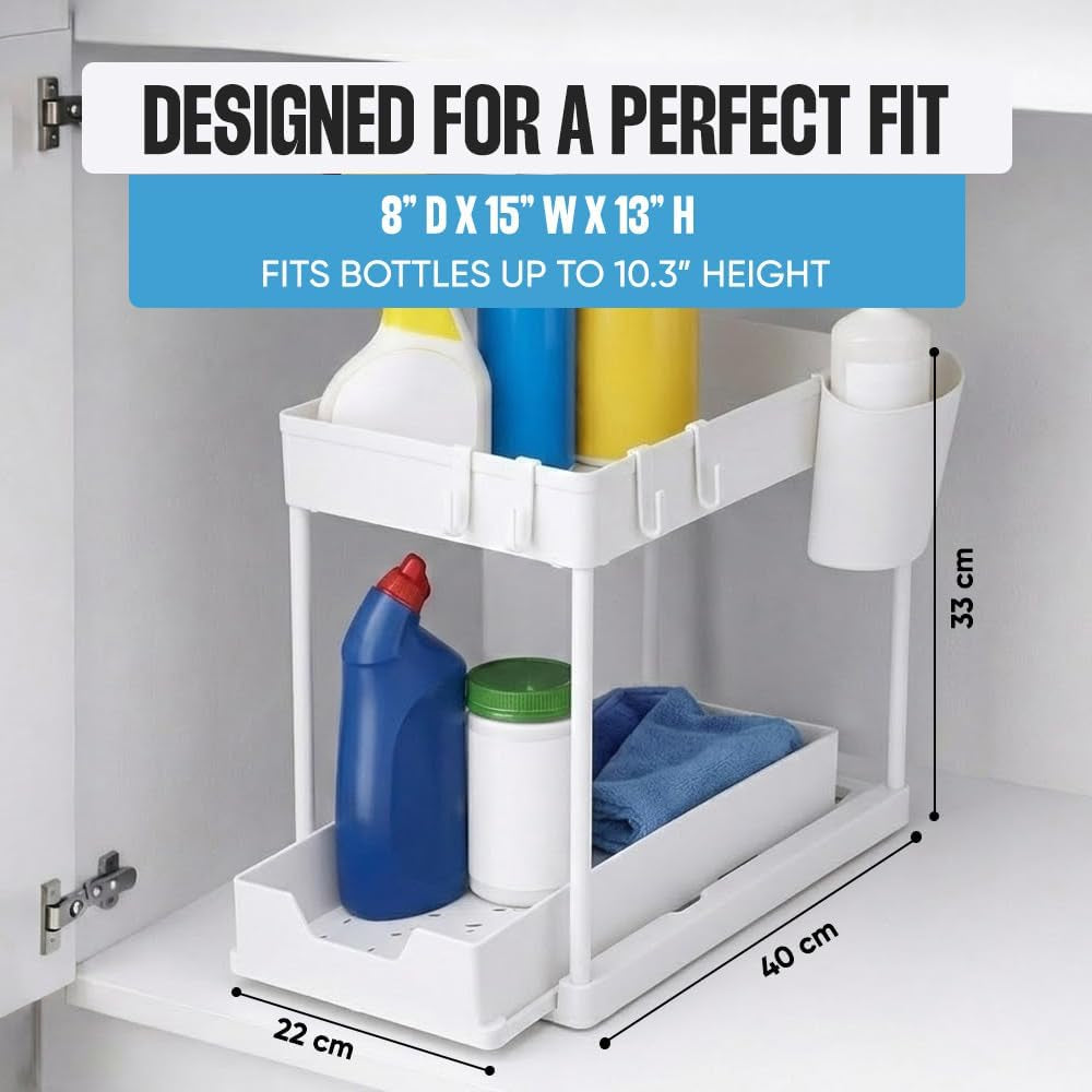Undersink Organizer, 2-Tier under Sink Storage Rack with Sliding Drawers for Kitchen Bathroom Cabinets, Pull Out Organizer for Pantry, Laundry Room & Closet Organization - 1 Pack, White